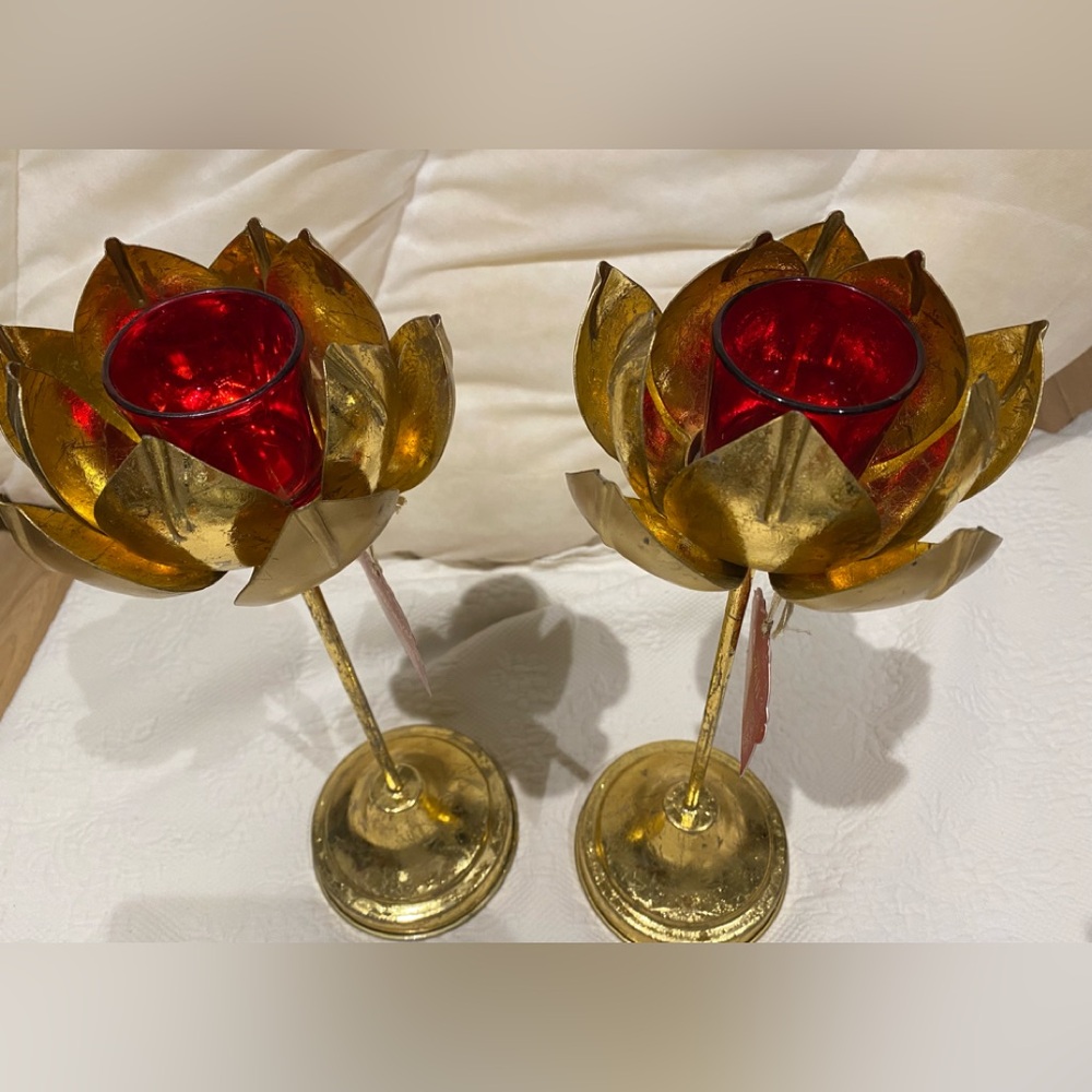 Very tall Yellow Gold color Lotus Flower Tea Light Candle Holders (set of 2)
